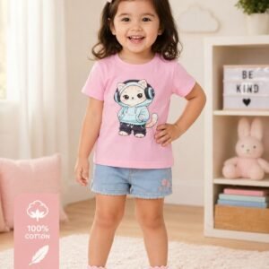 Girls Pink Printed Cotton Half Sleeve T-Shirt – Premium Quality Kids Wear