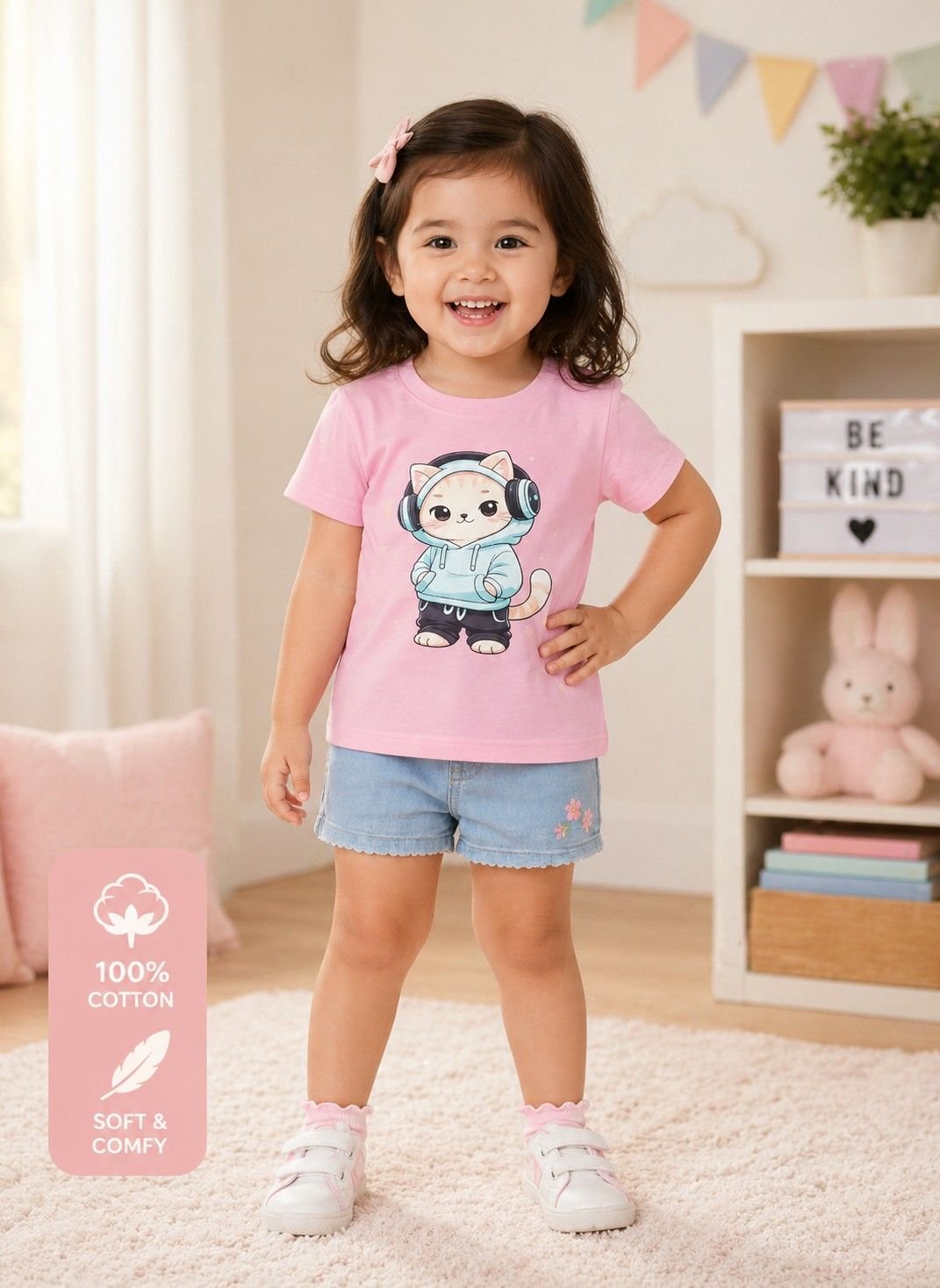 Girls Pink Printed Cotton Half Sleeve T-Shirt – Premium Quality Kids Wear