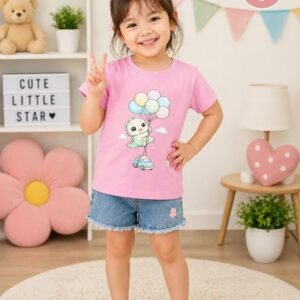 Girls Pink Printed Cotton Half Sleeve T-Shirt – Premium Quality Kids Wear