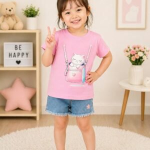 Girls Pink Printed Cotton Half Sleeve T-Shirt – Premium Quality Kids Wear
