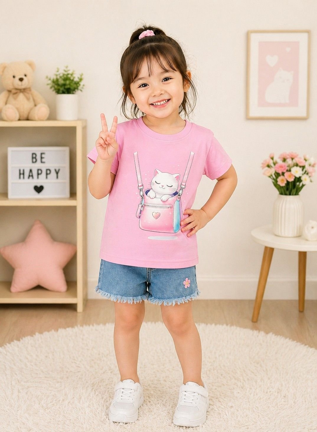 Girls Pink Printed Cotton Half Sleeve T-Shirt – Premium Quality Kids Wear