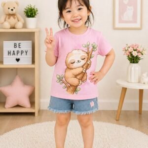 Girls Pink Printed Cotton Half Sleeve T-Shirt – Premium Quality Kids Wear