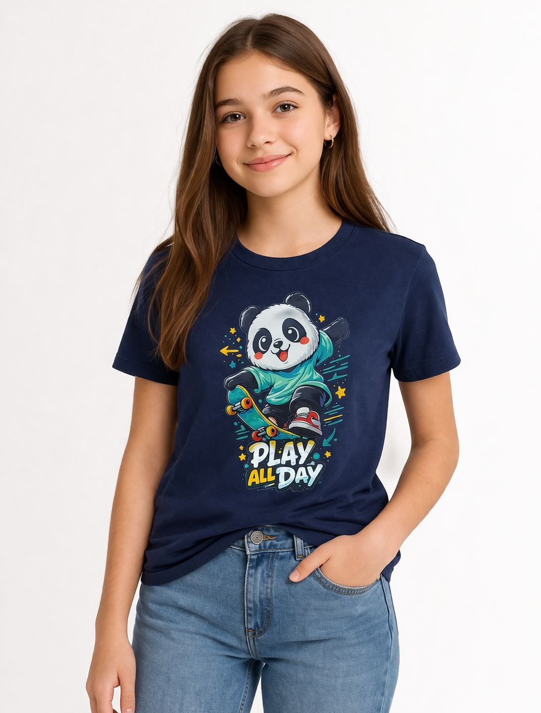 Navy Blue Girls Printed T-Shirt | Premium Cotton Half Sleeve Kids Tee | Soft & Stylish Casual Wear